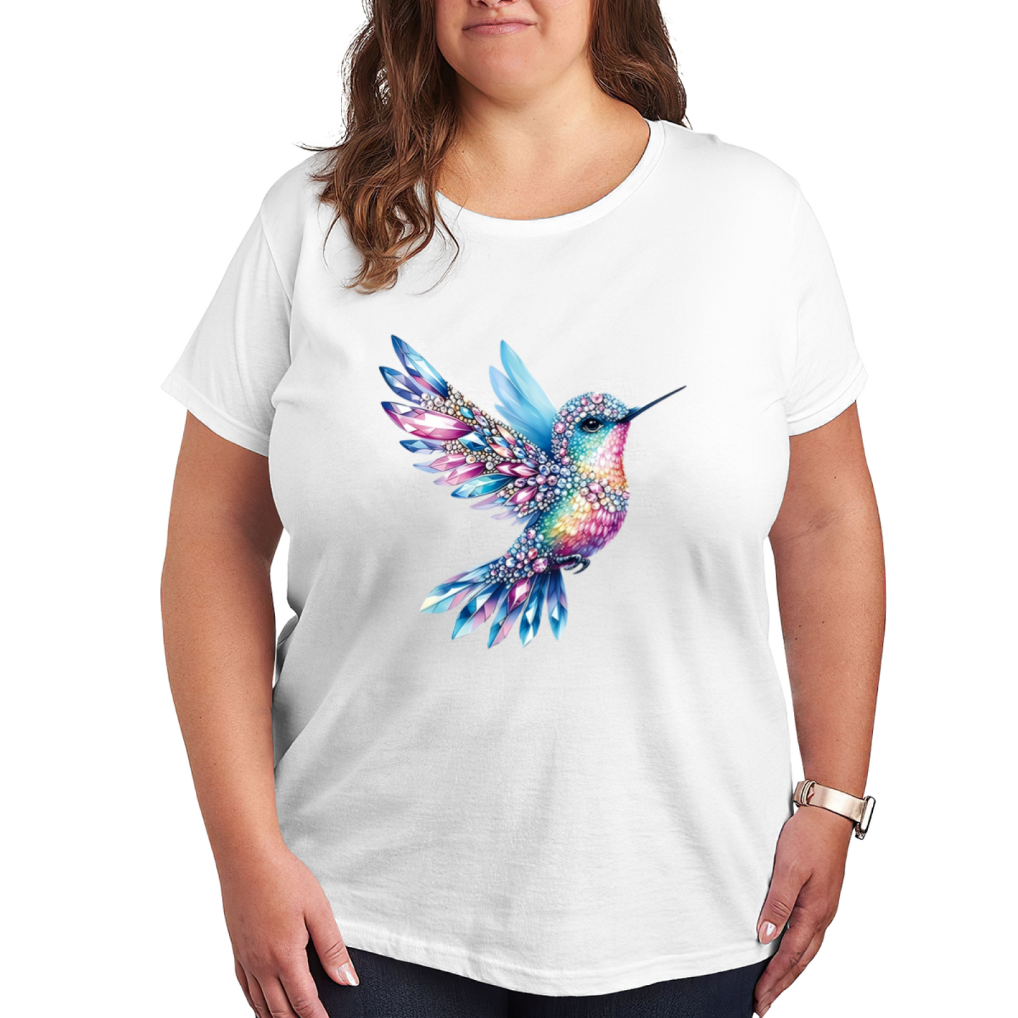Rainbow Crystal Rhinestone Hummingbird Plus Size Ladies T-Shirt