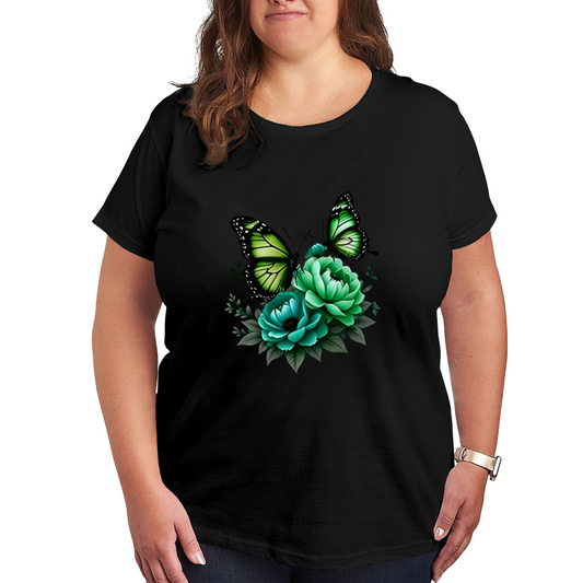 Dark Style Green Butterfly & Teal Peony Floral Print Plus Size Women¡¯s T-Shirt