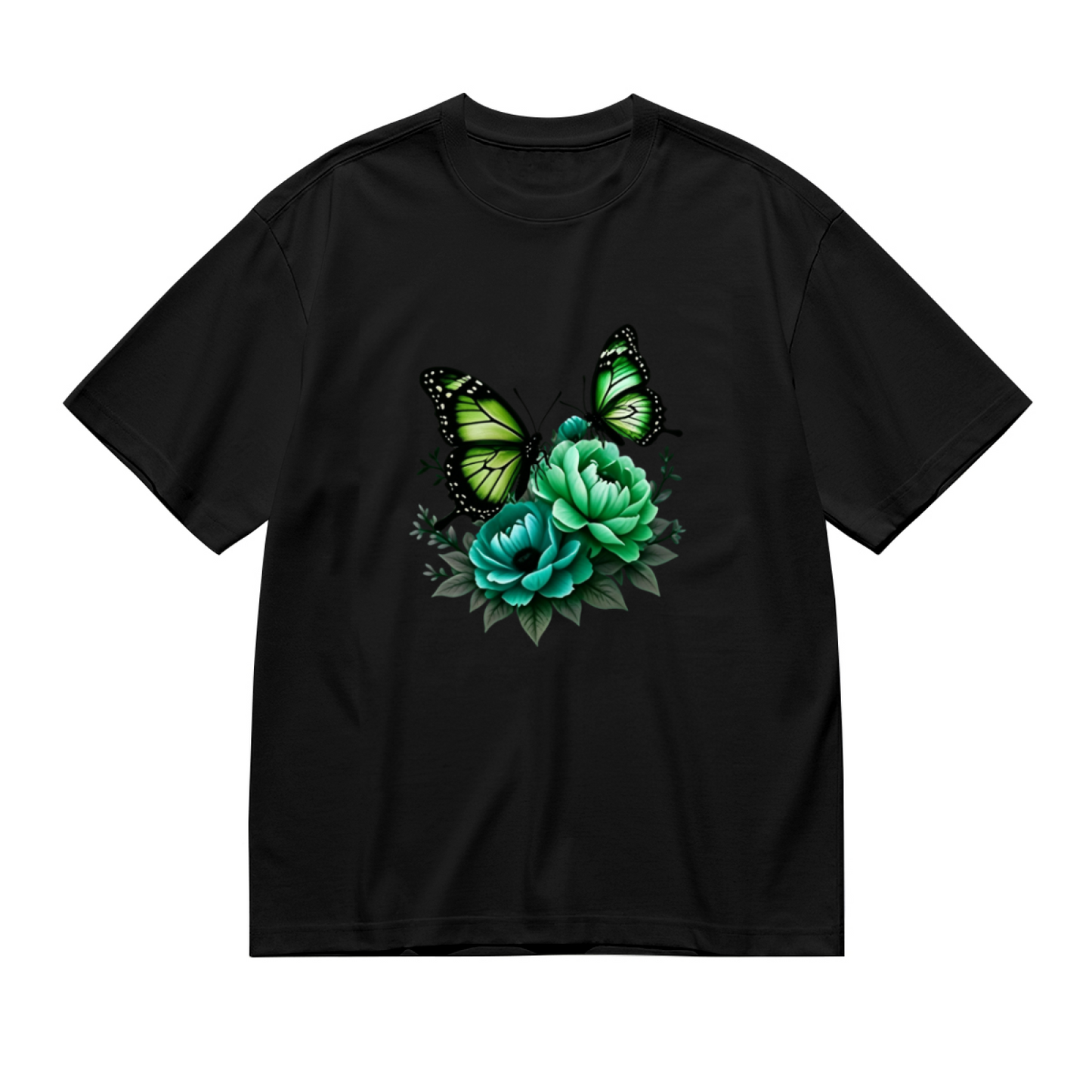 Dark Style Green Butterfly & Teal Peony Floral Print Plus Size Women¡¯s T-Shirt