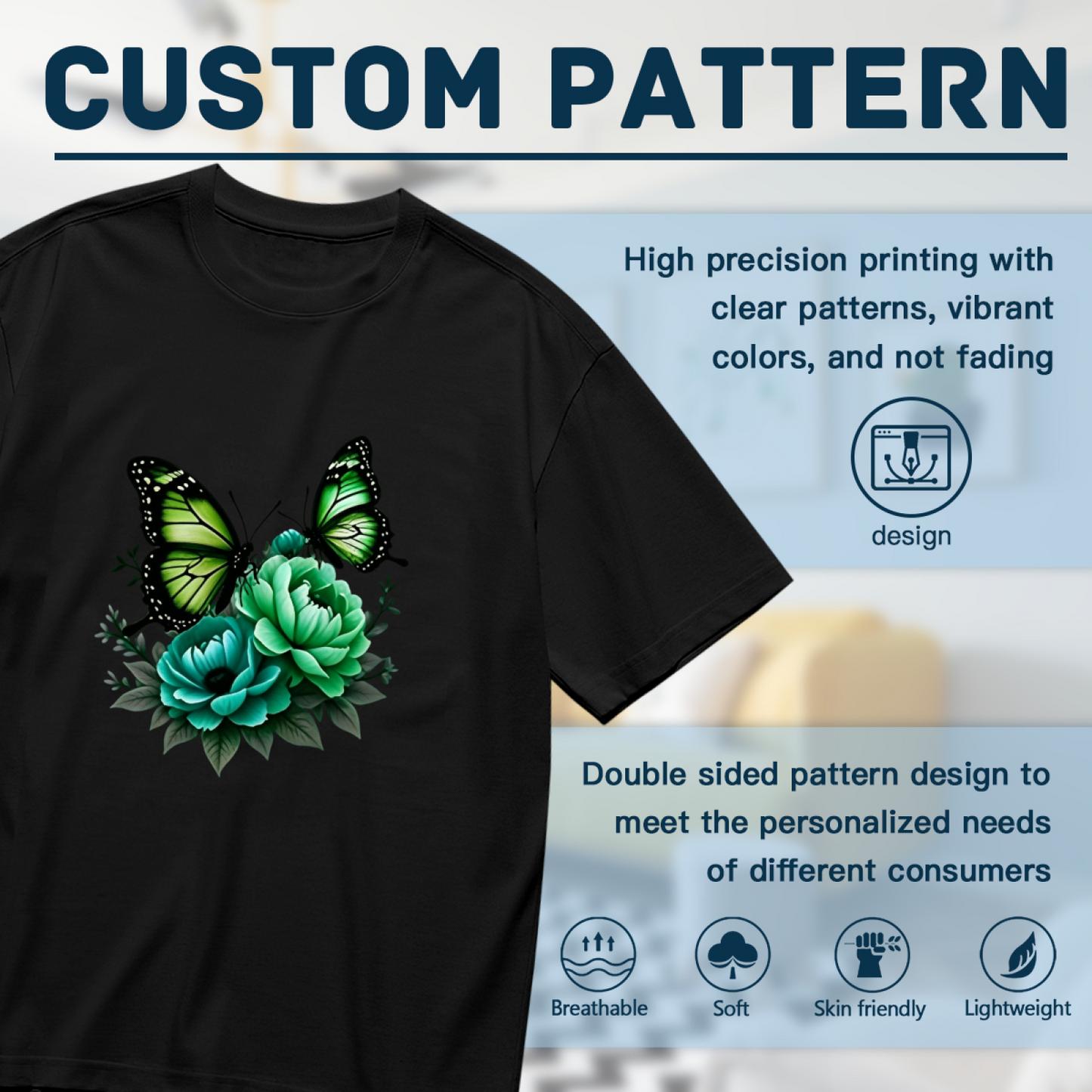 Dark Style Green Butterfly & Teal Peony Floral Print Plus Size Women¡¯s T-Shirt