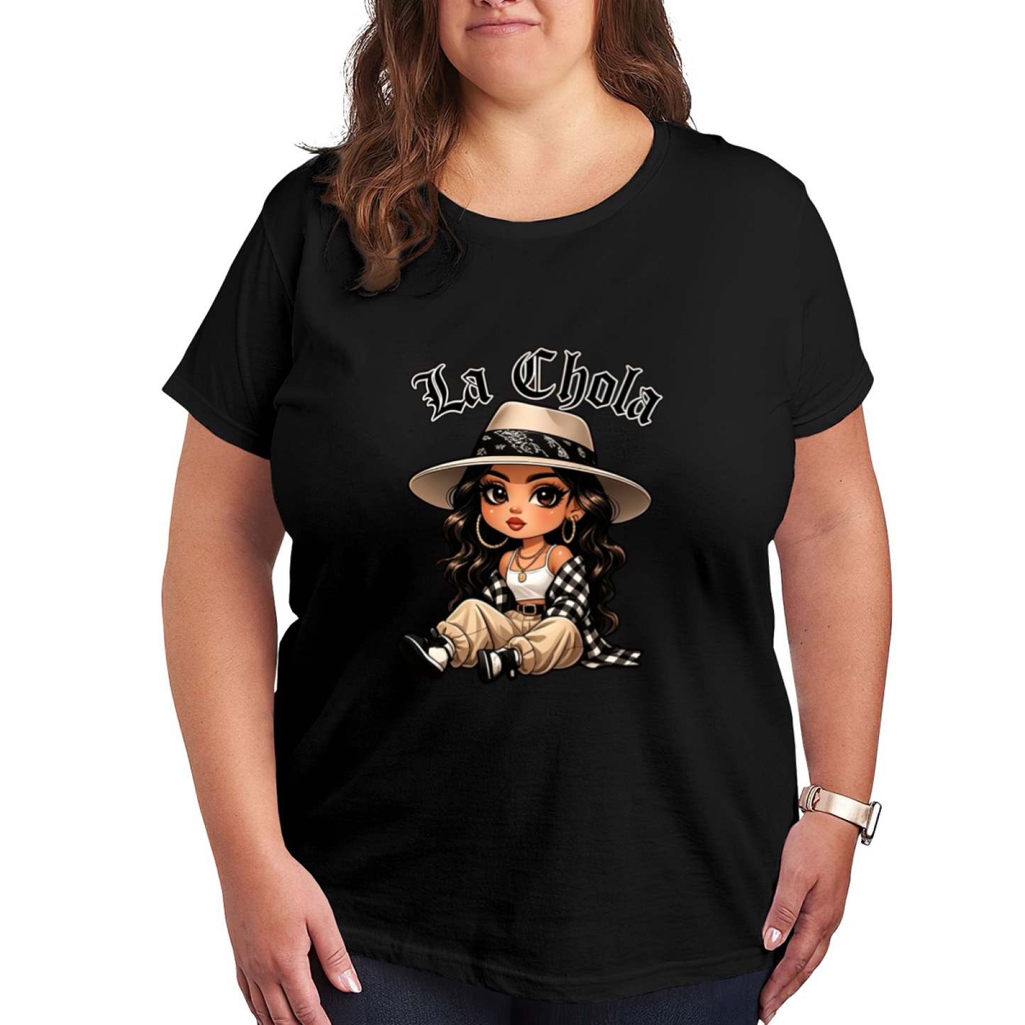 Stylish La Chola Chibi Latina Cartoon Graphic Plus Size Women's Printed T-Shirt