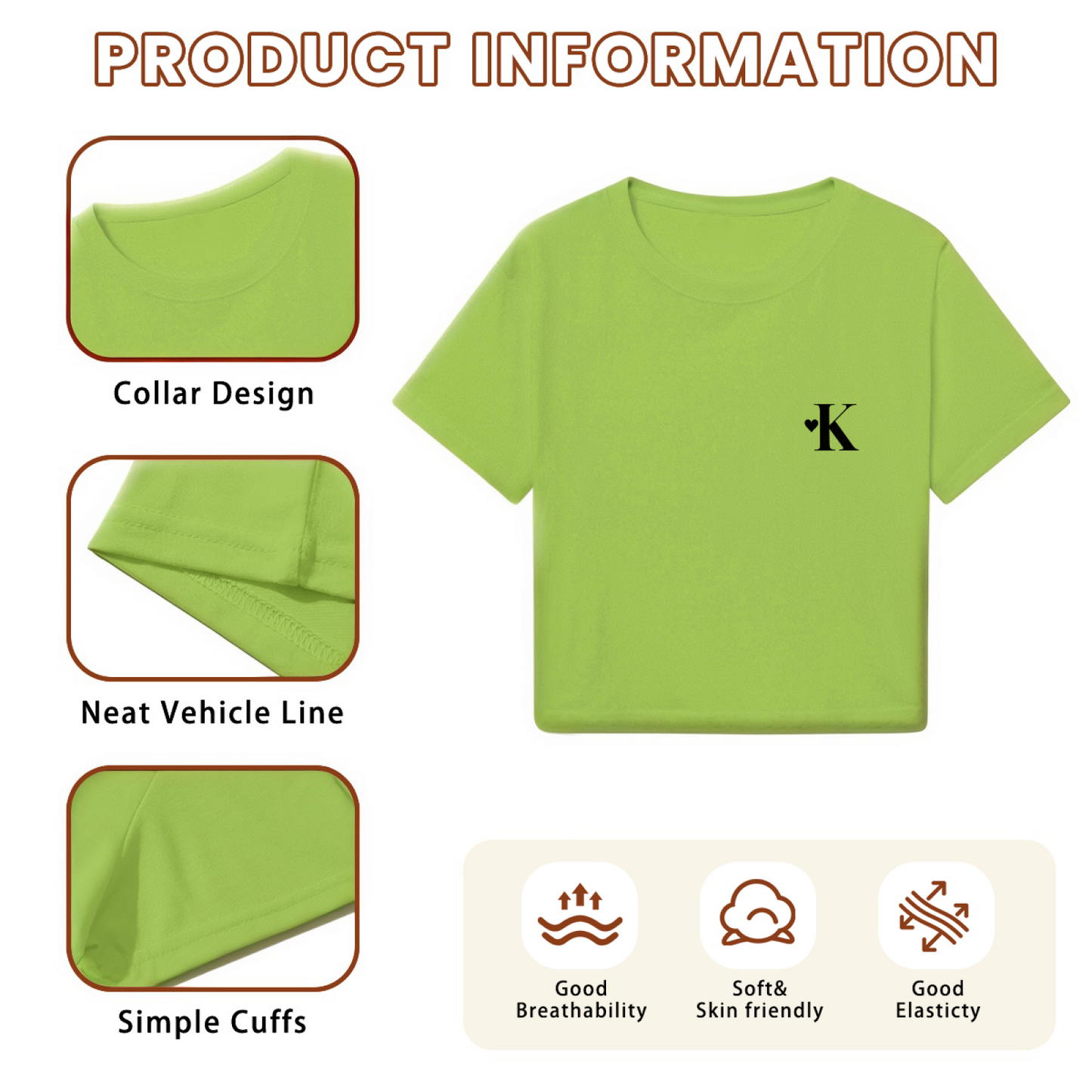 Lime Green Tiny K Letter Heart Crop Tee Cute Minimal Initial Graphic Top