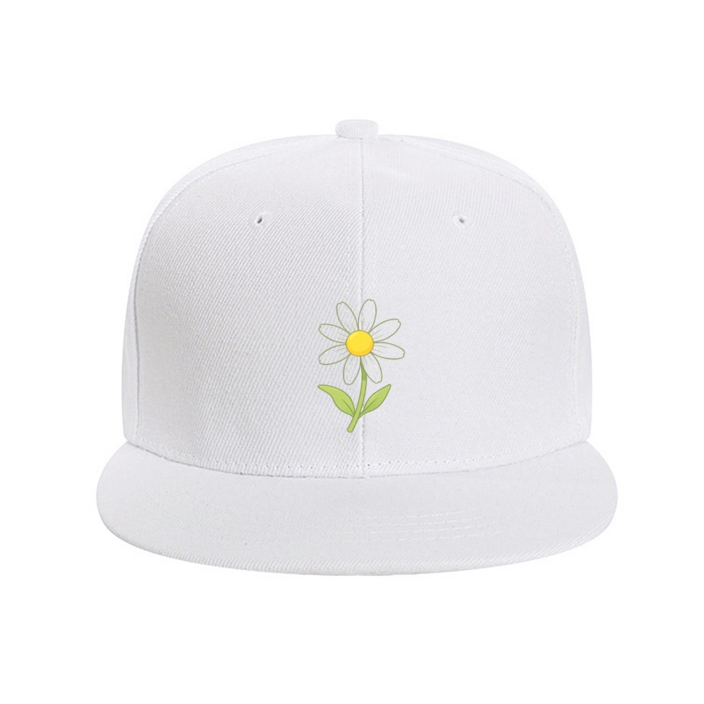 Cute Daisy Floral White Flat Brim Snapback Sun Hat, Soft Girly Daily Outdoor Cap
