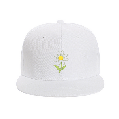 Cute Daisy Floral White Flat Brim Snapback Sun Hat, Soft Girly Daily Outdoor Cap