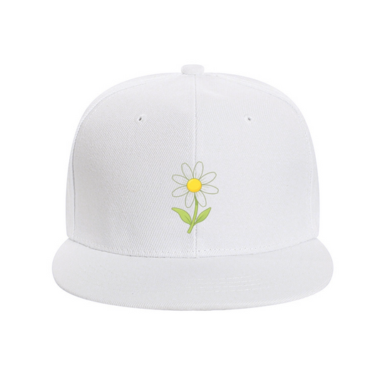 Cute Daisy Floral White Flat Brim Snapback Sun Hat, Soft Girly Daily Outdoor Cap
