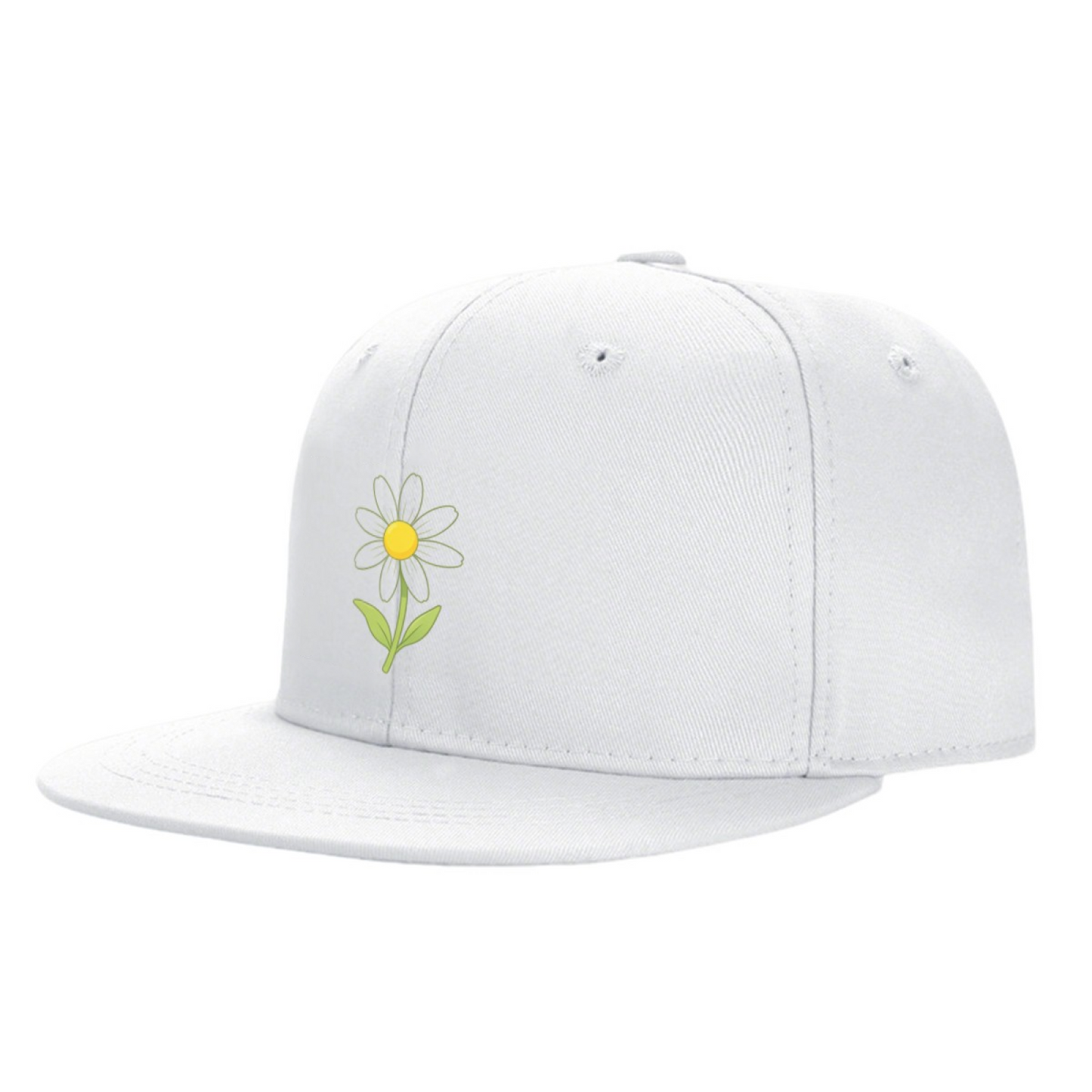 Cute Daisy Floral White Flat Brim Snapback Sun Hat, Soft Girly Daily Outdoor Cap