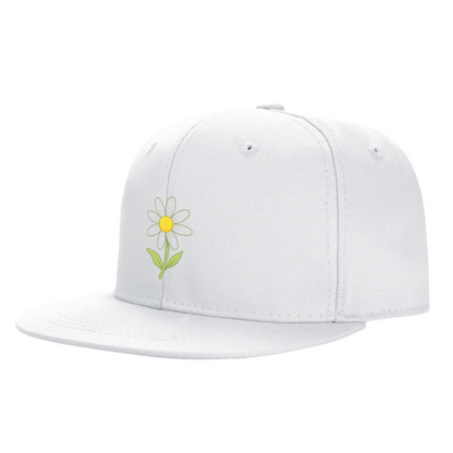 Cute Daisy Floral White Flat Brim Snapback Sun Hat, Soft Girly Daily Outdoor Cap