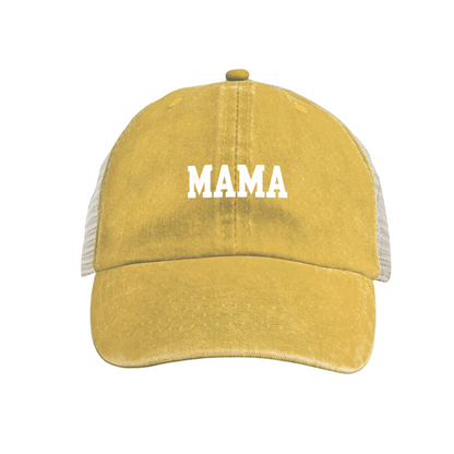 Bold MAMA Letter Yellow Washed Mesh Trucker Hat, Retro Mom Life Distressed Mesh Cap