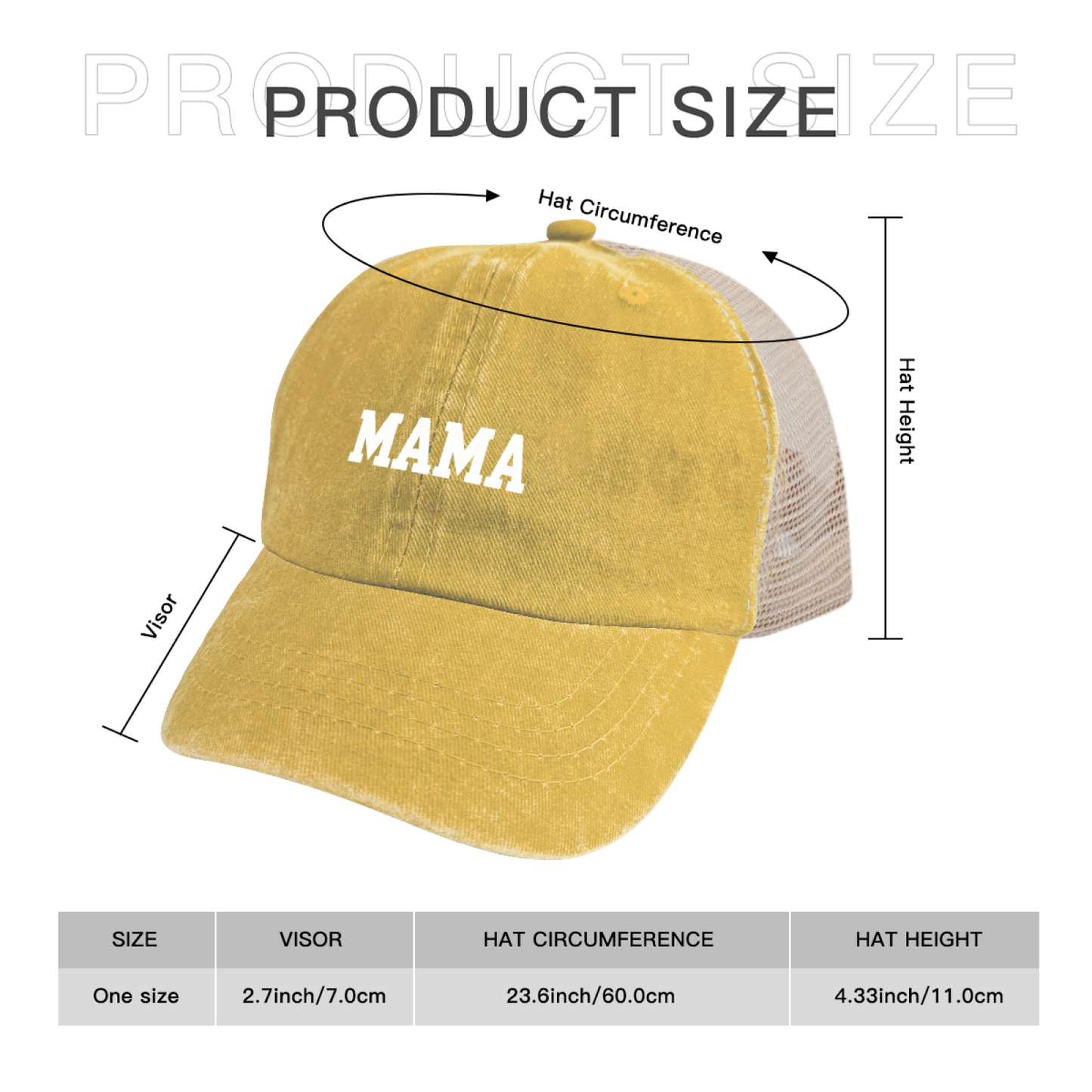 Bold MAMA Letter Yellow Washed Mesh Trucker Hat, Retro Mom Life Distressed Mesh Cap