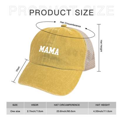 Bold MAMA Letter Yellow Washed Mesh Trucker Hat, Retro Mom Life Distressed Mesh Cap