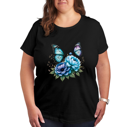 Dreamy Blue Peony Morpho Butterfly Watercolor Plus Size Women Printed T-Shirt