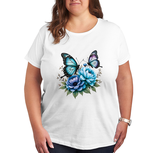 Dreamy Blue Peony Morpho Butterfly Watercolor Plus Size Women Printed T-Shirt