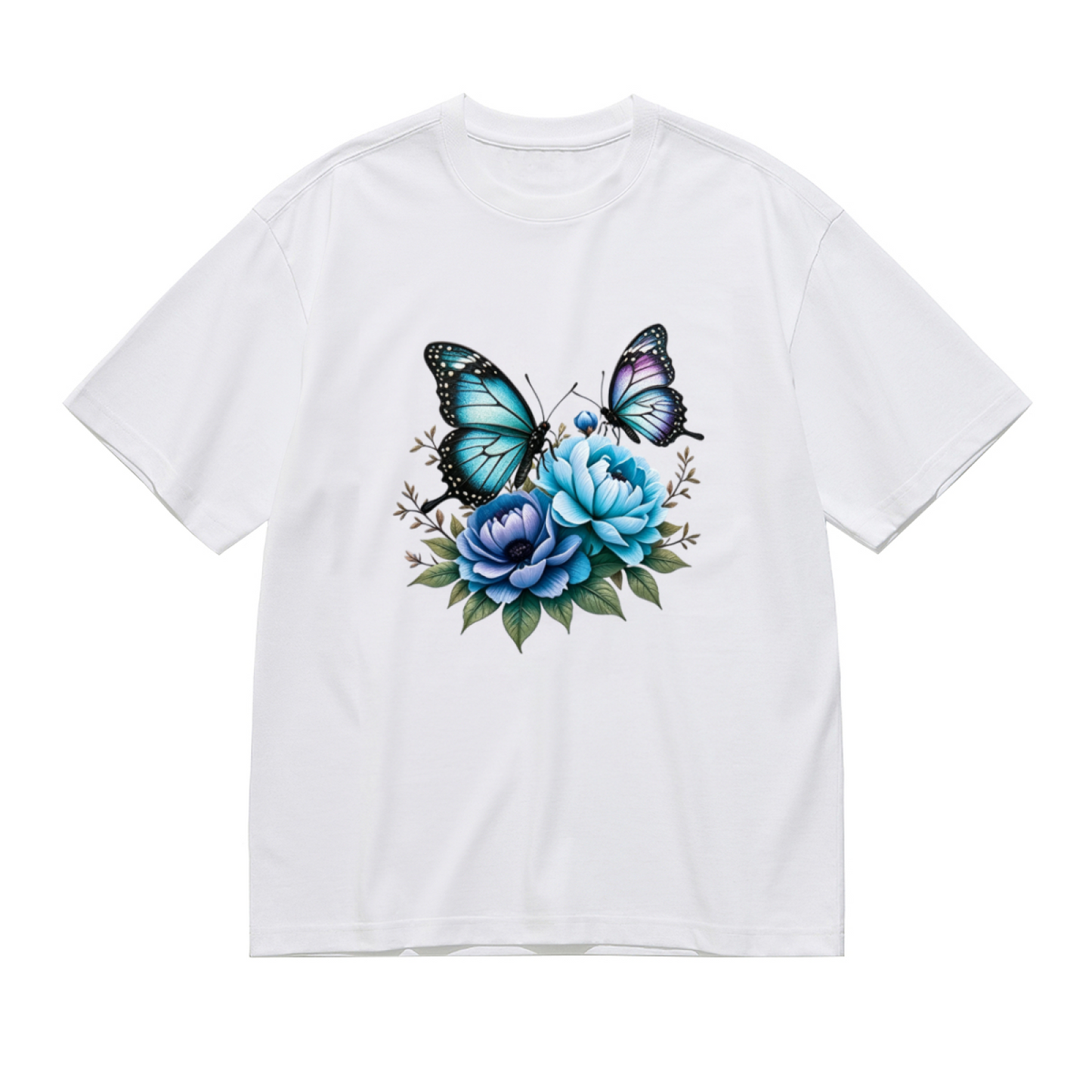 Dreamy Blue Peony Morpho Butterfly Watercolor Plus Size Women Printed T-Shirt