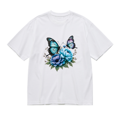 Dreamy Blue Peony Morpho Butterfly Watercolor Plus Size Women Printed T-Shirt