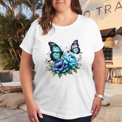 Dreamy Blue Peony Morpho Butterfly Watercolor Plus Size Women Printed T-Shirt