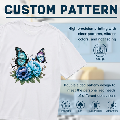 Dreamy Blue Peony Morpho Butterfly Watercolor Plus Size Women Printed T-Shirt