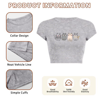 Four Lovely Cartoon Kittens Heather Grey Crop Top ¨C Soft Kawaii Daily Tee 5.