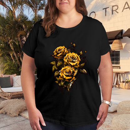 Luxurious Golden Thorn Roses Art Plus Size Women Printed T-Shirt