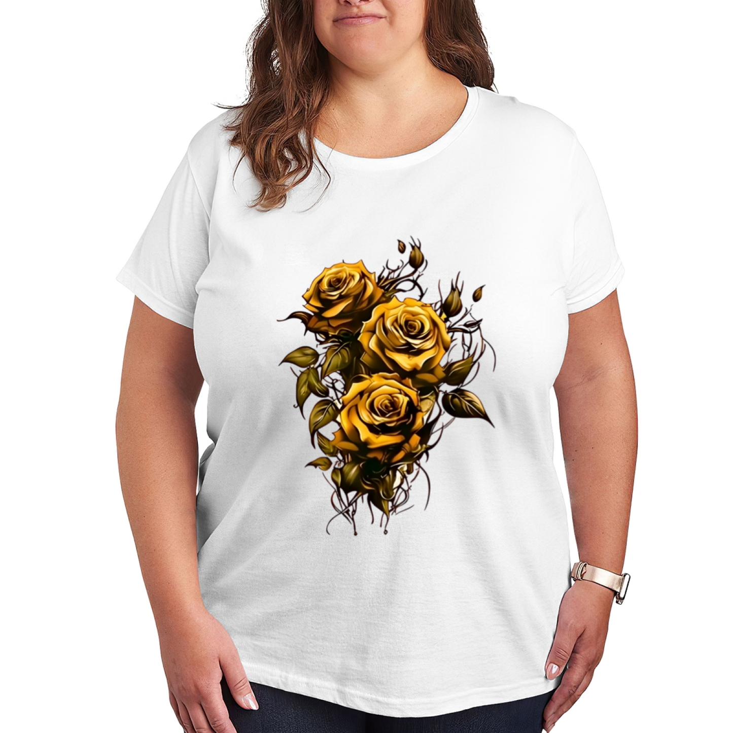 Luxurious Golden Thorn Roses Art Plus Size Women Printed T-Shirt