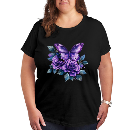 Dreamy Purple Butterfly & Roses Plus Size Women T-Shirt