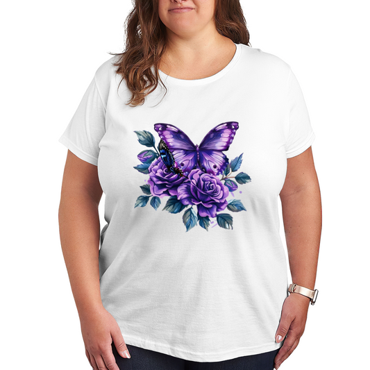 Dreamy Purple Butterfly & Roses Plus Size Women T-Shirt