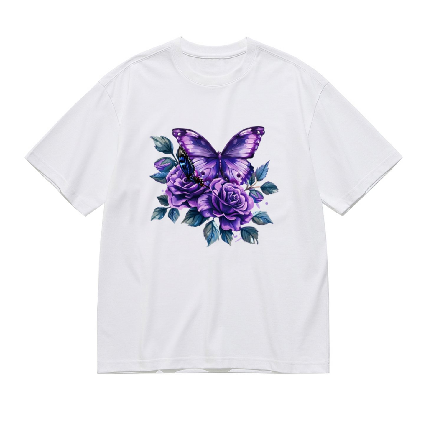 Dreamy Purple Butterfly & Roses Plus Size Women T-Shirt