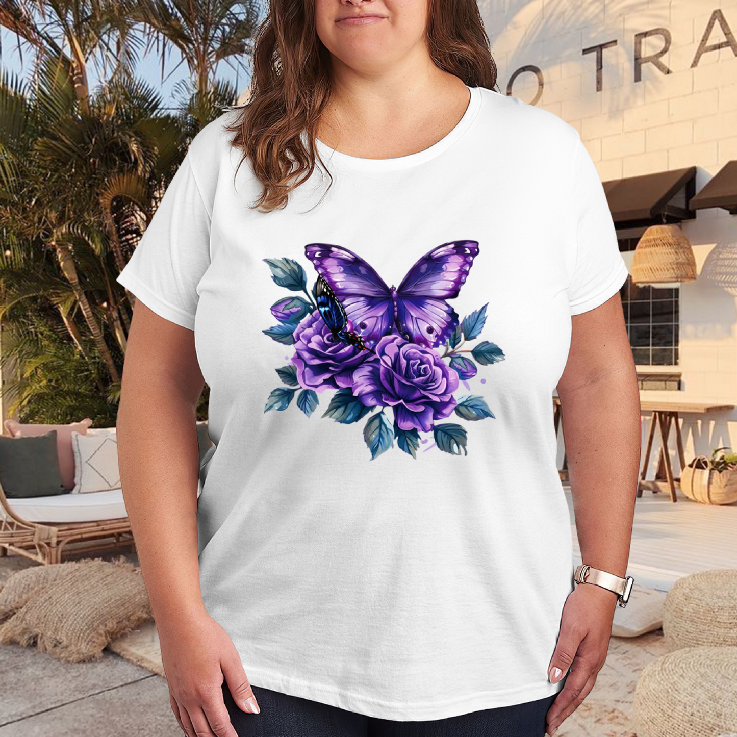 Dreamy Purple Butterfly & Roses Plus Size Women T-Shirt