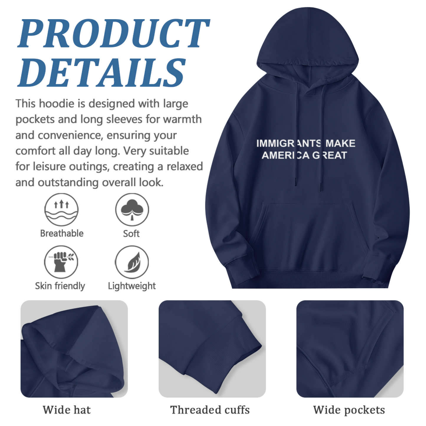 Immigrants Make America Great Inspirational Text Hoodie, Simple Cozy Daily Pullover