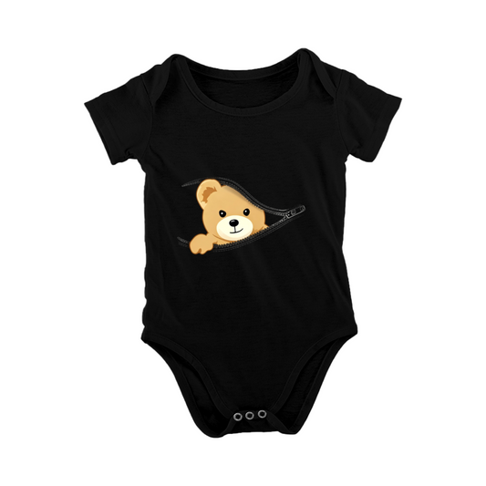 Peeking Teddy Bear Zipper Graphic Soft Black Baby Onesie