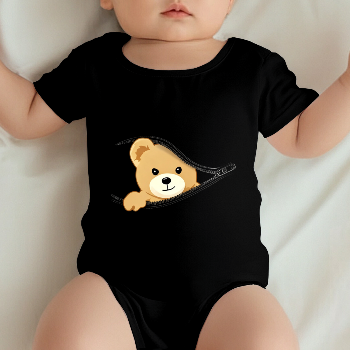 Peeking Teddy Bear Zipper Graphic Soft Black Baby Onesie