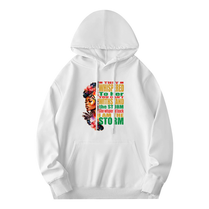 I Am The Storm Black Woman Art White Hoodie, Empowering Cozy Statement Pullover