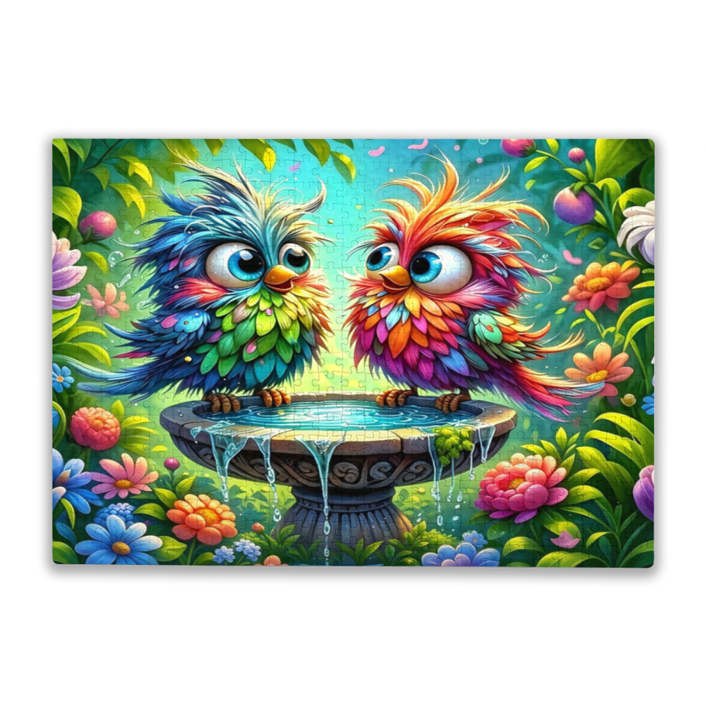 Cute Rainbow Fluffy Birds Floral Fountain Garden Puzzle 300/500/1000 Piece