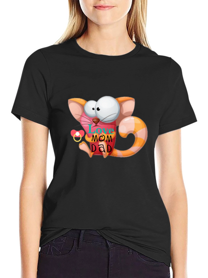 Cute Cartoon Cat Love Mom Dad Graphic T-Shirt