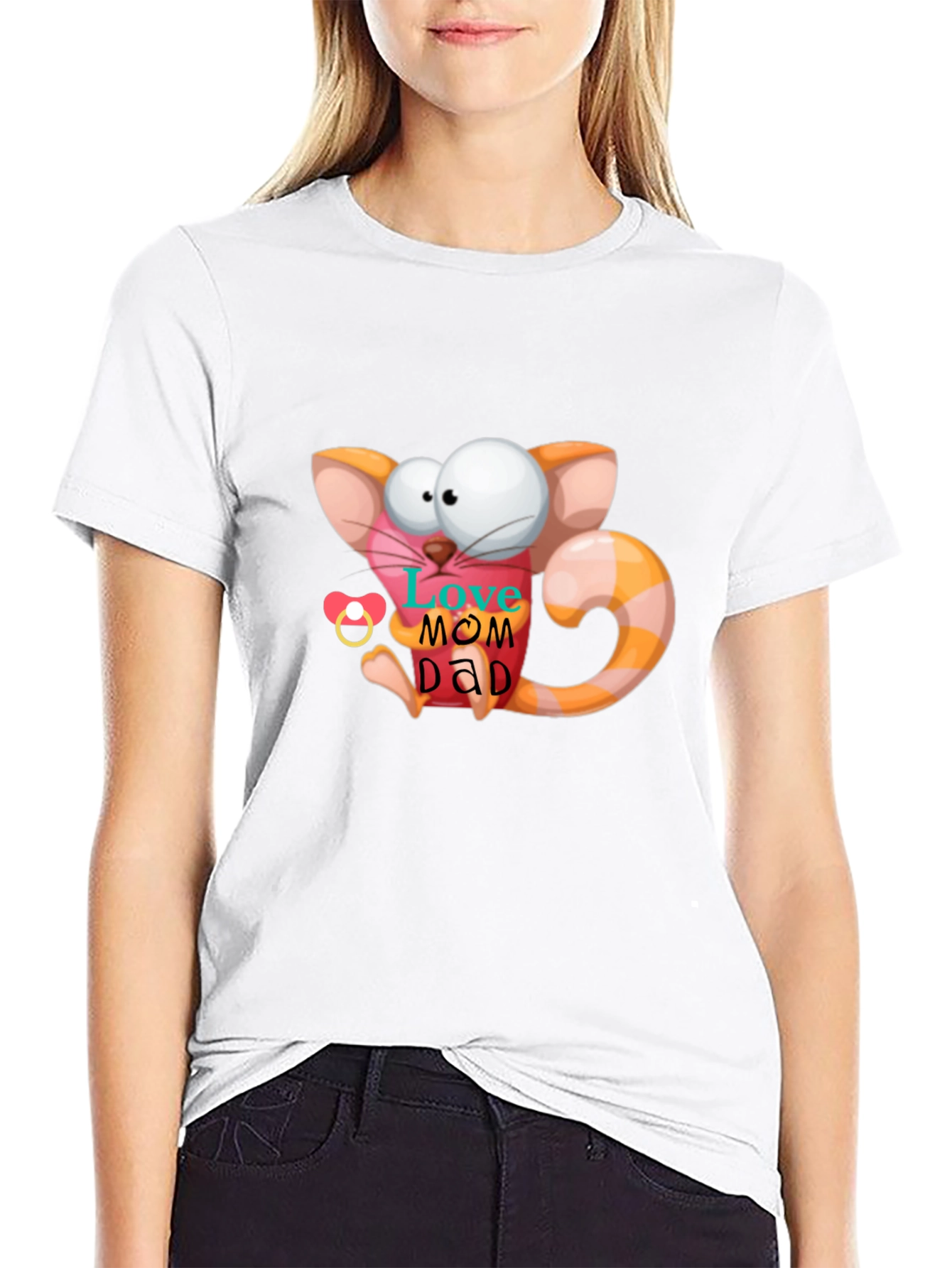 Cute Cartoon Cat Love Mom Dad Graphic T-Shirt