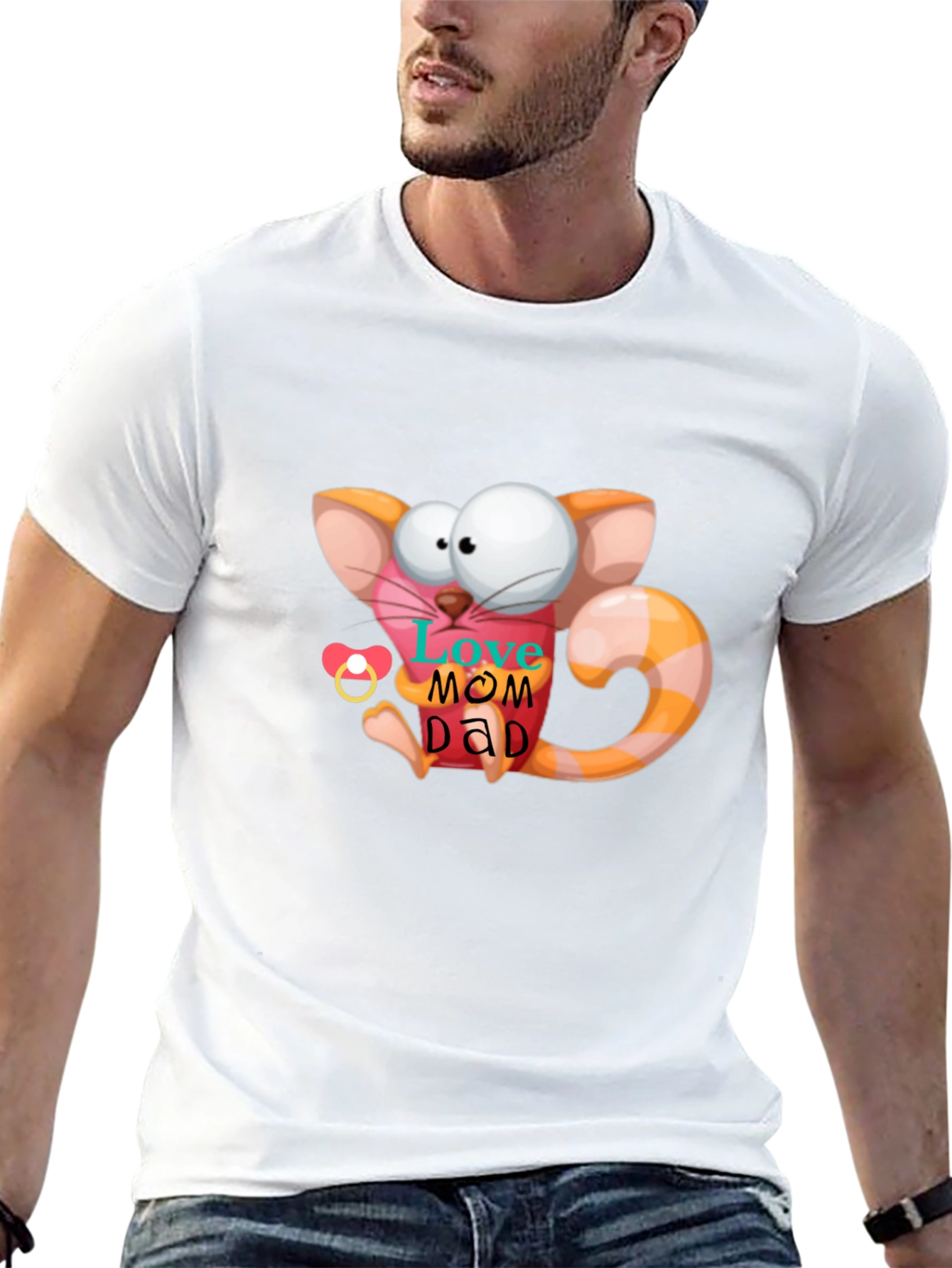 Cute Cartoon Cat Love Mom Dad Graphic T-Shirt
