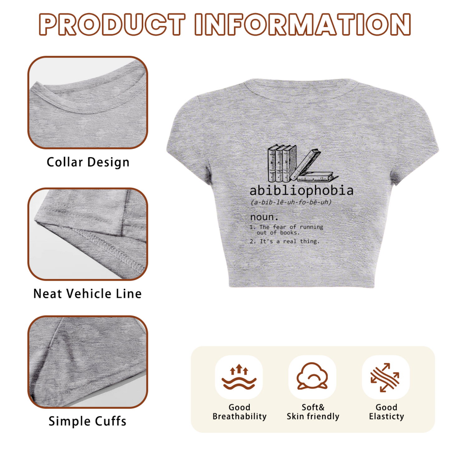Abibliophobia Book Lover Funny Dictionary Grey Crop Top