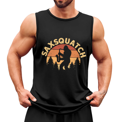 Saxsquatch Bigfoot Playing Saxophone Retro Sunset Tank