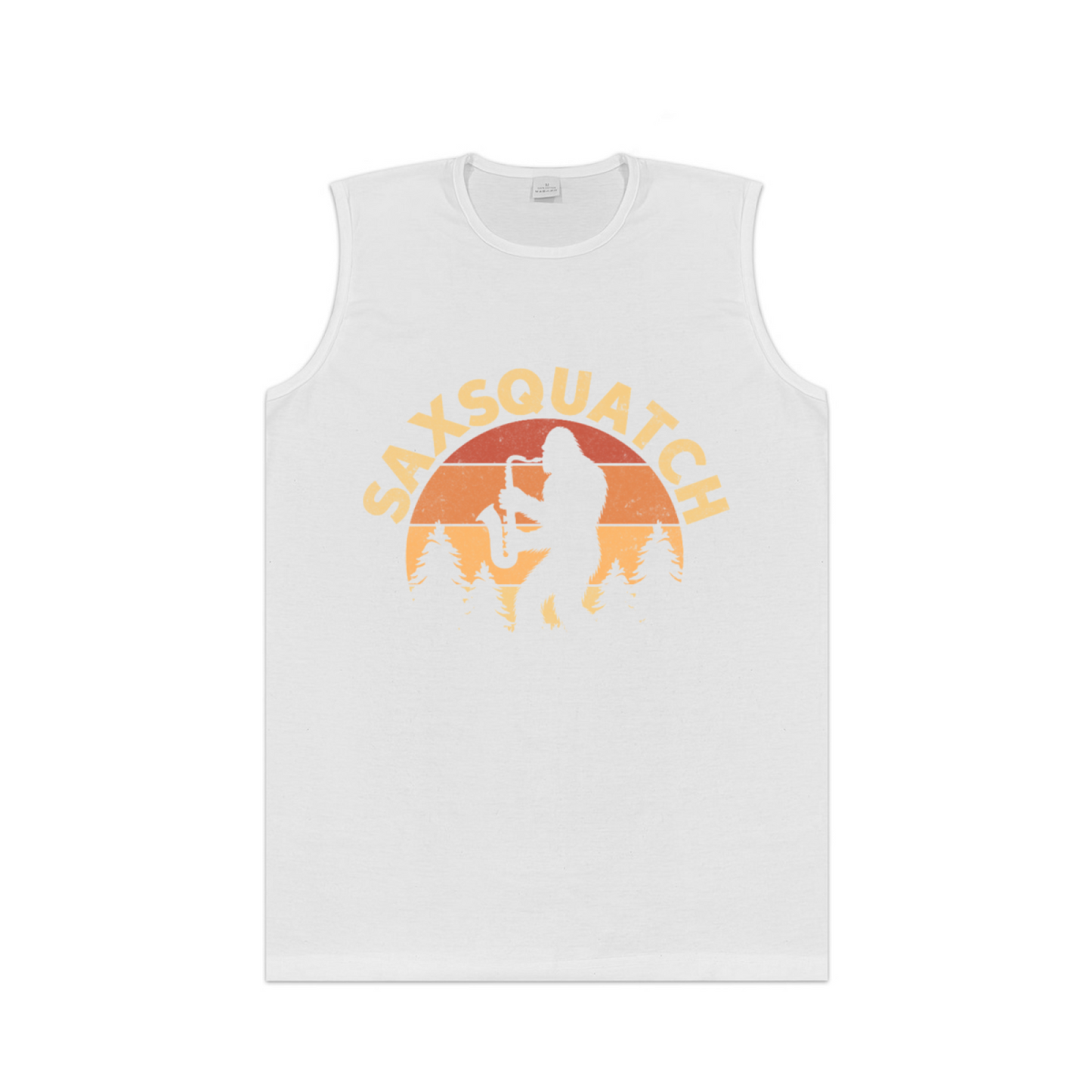 Saxsquatch Bigfoot Playing Saxophone Retro Sunset Tank