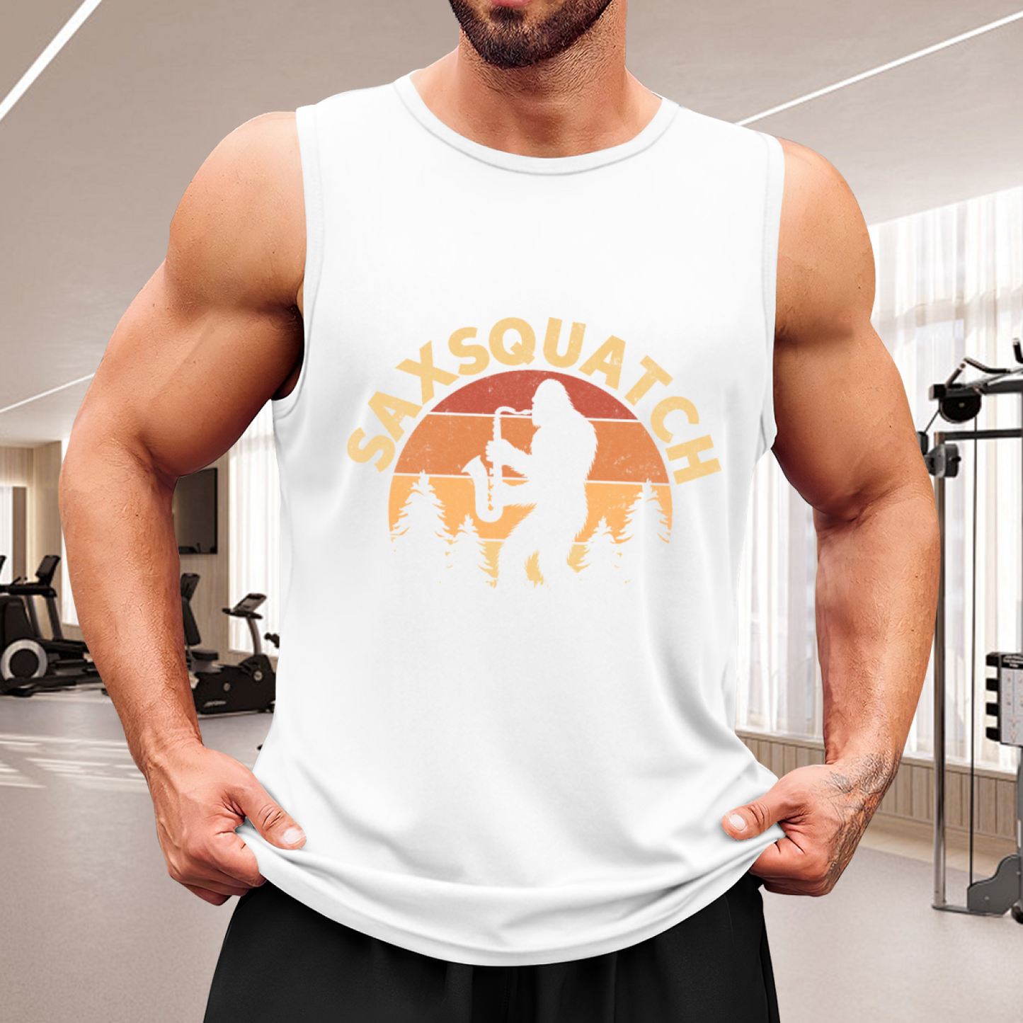 Saxsquatch Bigfoot Playing Saxophone Retro Sunset Tank