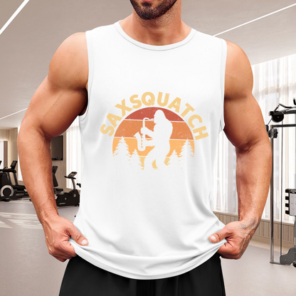 Saxsquatch Bigfoot Playing Saxophone Retro Sunset Tank