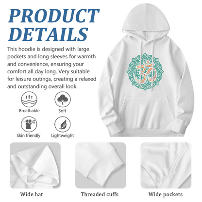 Boho Om Mandala Spiritual White Hoodie, Breathable Comfort