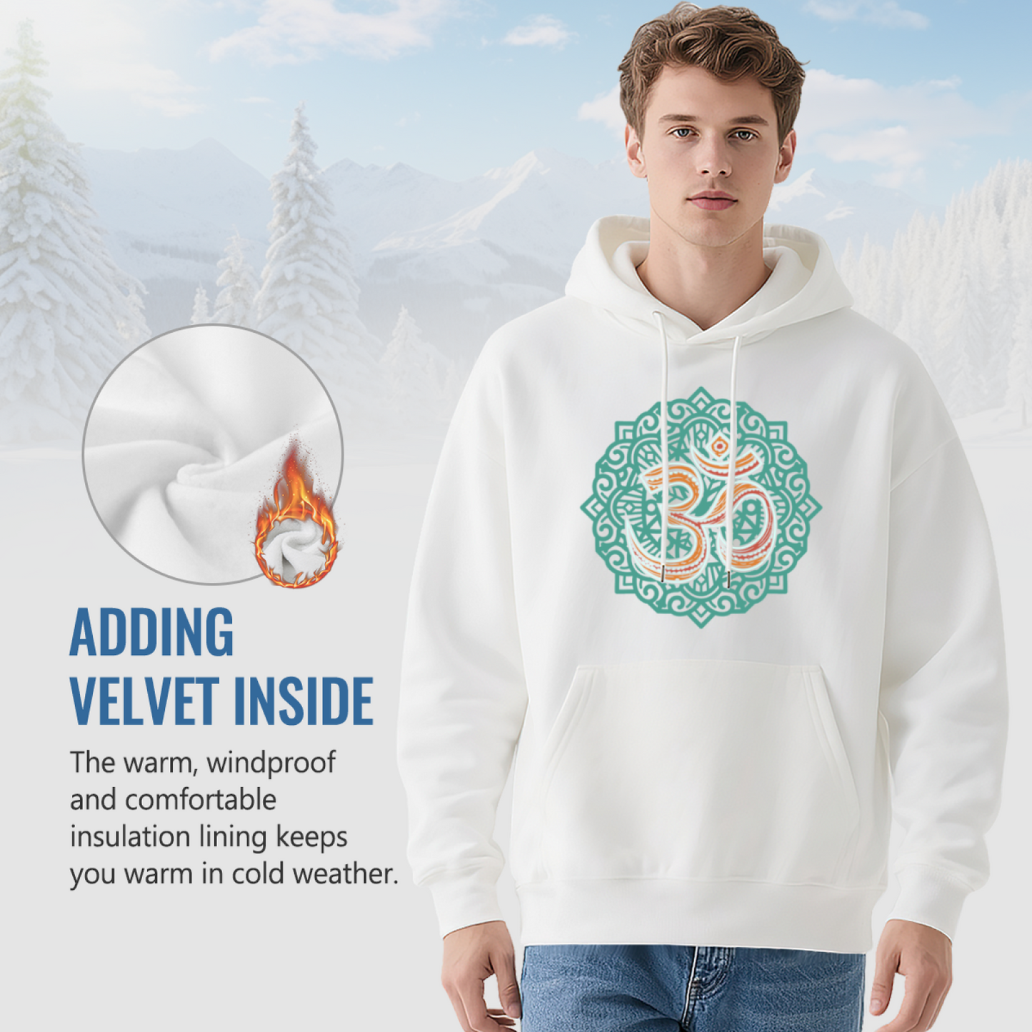 Boho Om Mandala Spiritual White Hoodie, Breathable Comfort