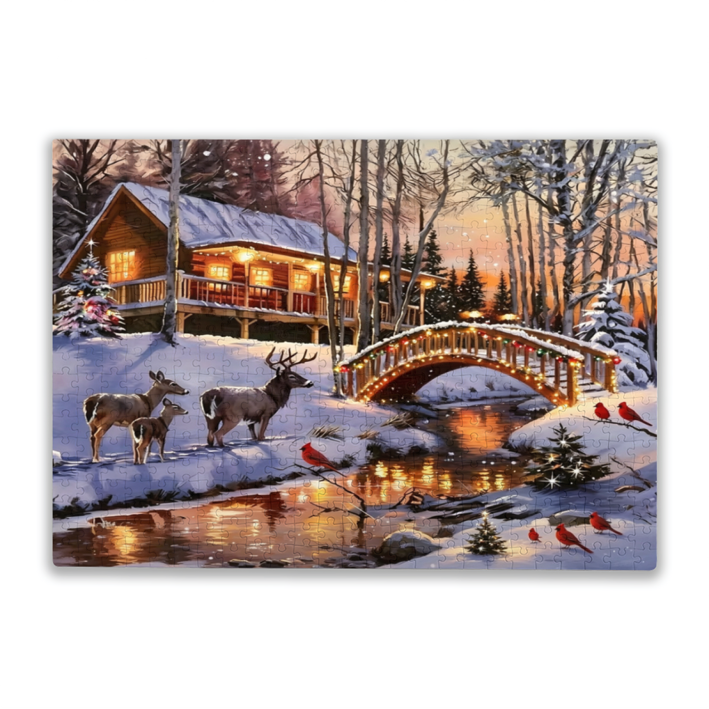 Magical Winter Snowy Cabin Deer & Cardinal Birds Puzzle 300/500/1000pcs