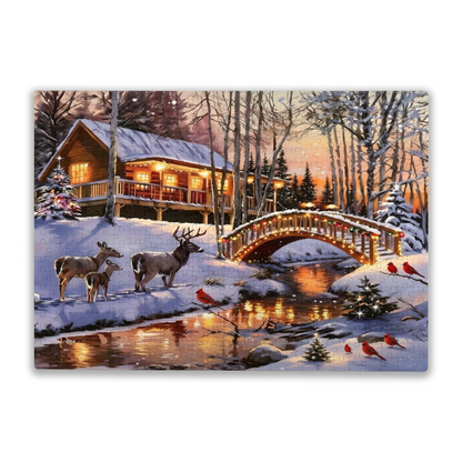 Magical Winter Snowy Cabin Deer & Cardinal Birds Puzzle 300/500/1000pcs