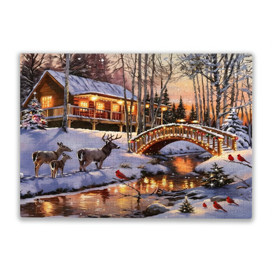 Magical Winter Snowy Cabin Deer & Cardinal Birds Puzzle 300/500/1000pcs