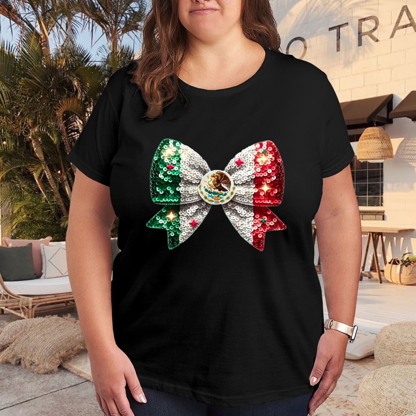 Mexico Flag Sequin Bow Coquette Plus Size Women¡¯s T-Shirt
