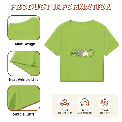 Four Cute Striped Kittens Lime Green Crop Top ¨C Kawaii Cat Mom Daily Casual Cropped Shirt