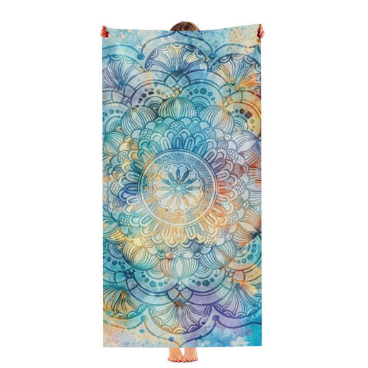 Watercolor Boho Mandala Floral Pattern Beach Towel, Multiple Lengths to Choose, Buttery Soft, Strong Water Absorbency & Relaxing Comfort for Poolside Rest