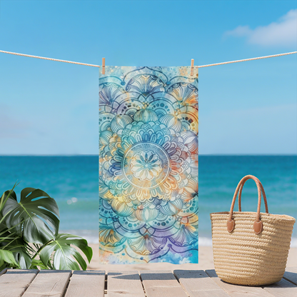 Watercolor Boho Mandala Floral Pattern Beach Towel, Multiple Lengths to Choose, Buttery Soft, Strong Water Absorbency & Relaxing Comfort for Poolside Rest