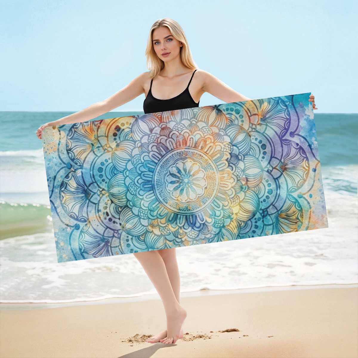 Watercolor Boho Mandala Floral Pattern Beach Towel, Multiple Lengths to Choose, Buttery Soft, Strong Water Absorbency & Relaxing Comfort for Poolside Rest